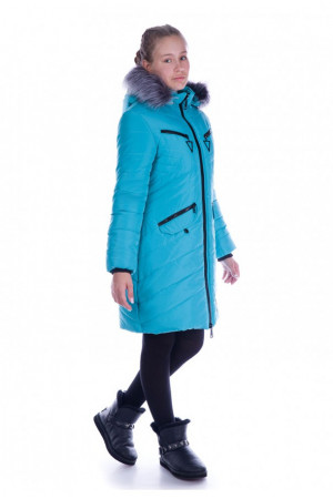 Удлиненная зимняя куртка для девочки бирюзового цвета 