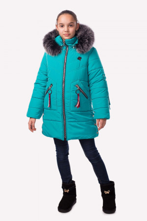 Зимова куртка для дівчаток з пухнастим капюшоном бірюзового кольору